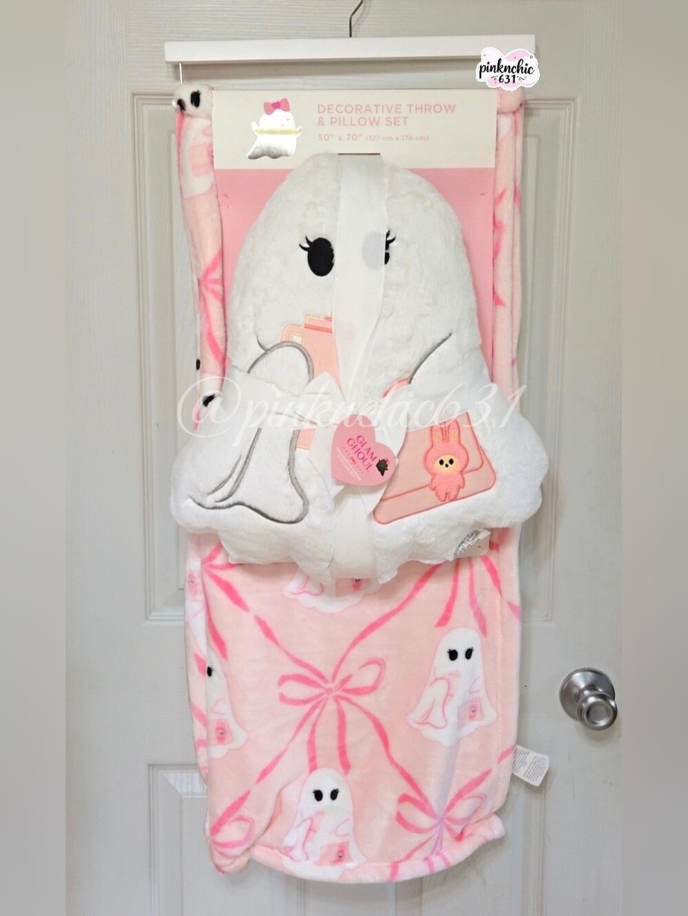 Pink Bow Ghost Halloween Throw Blanket Pillow Set Labubu Purse & Tumbler